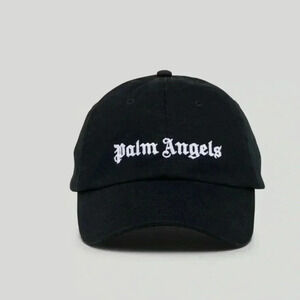 NWT PALM ANGELS LOGO-EMBROIDERED COTTON STRAP BACK CAP HAT BLACK WHITE